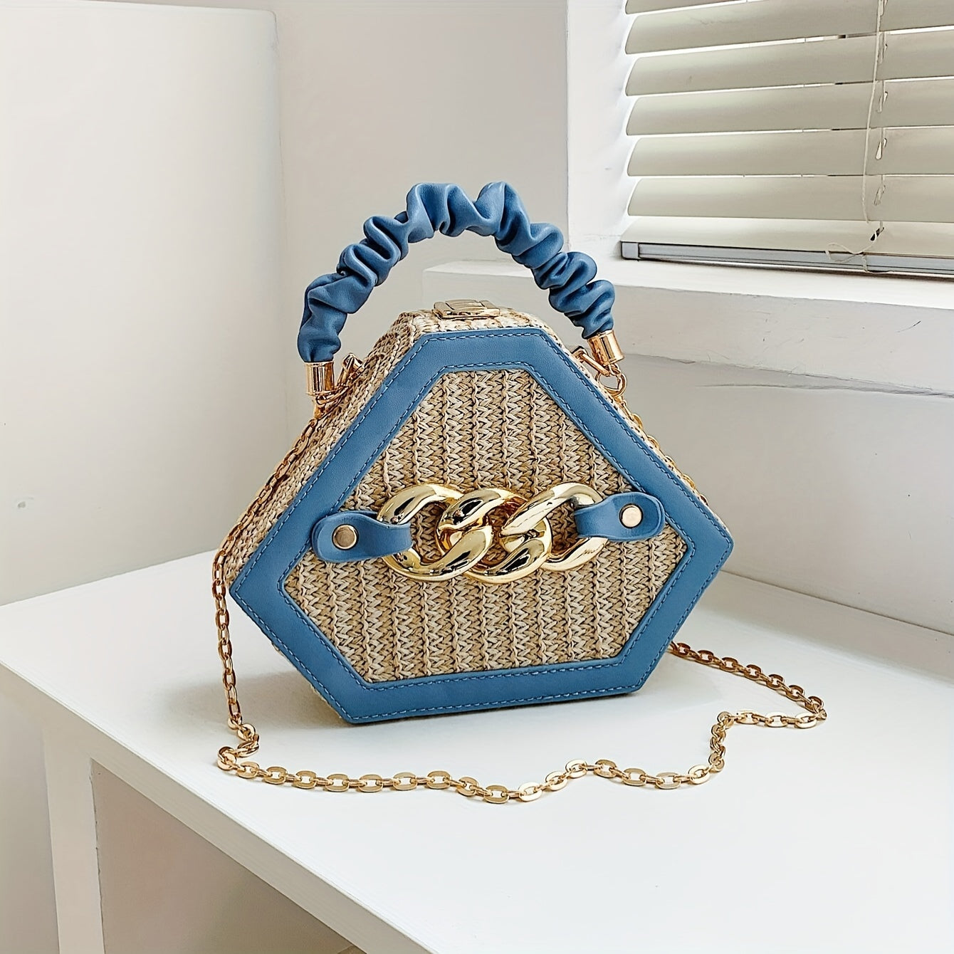 Fashion Niche Shaped Satchel Bag, Chain Decor Straw Design Chain Bag, Mini Top Ruched Strap Handbag