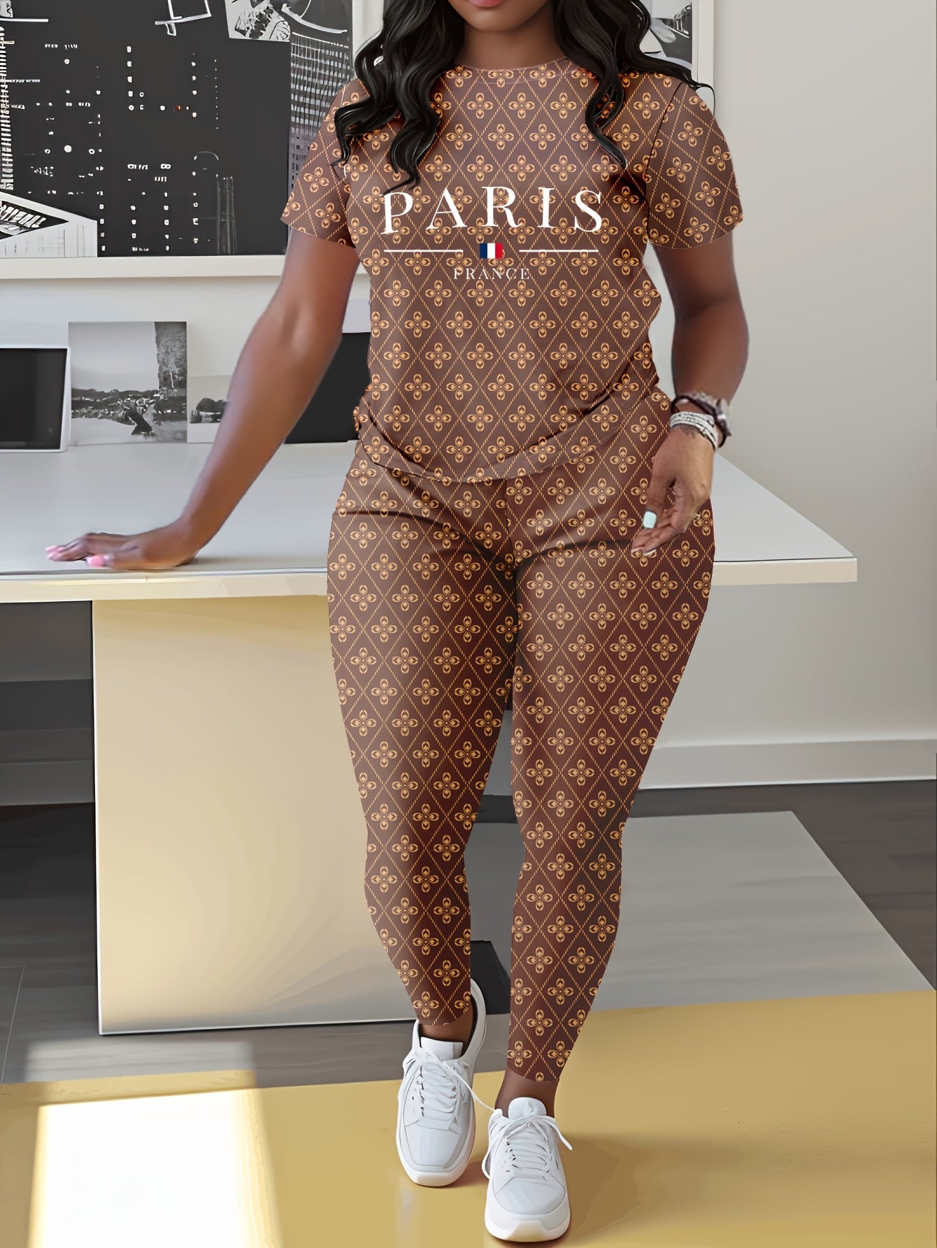 Flower Rhombus Plaid French Paris City Famous Print Casual Black Style Round Neck Fit Short Sleeve T-shirt Shirt Flower Rhombus Plaid Print Tight Pants Home and Outing Jogging Suit
