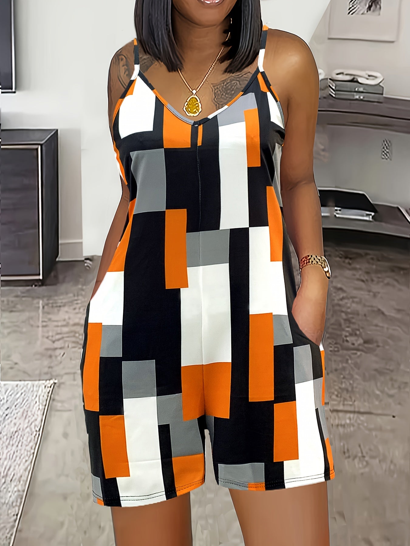 Women's Summer V-Neck Color Block Print Romper with Pockets - Stylish Sleeveless Jumpsuit in Orange, Black, White & Gray, Casual Knit Polyester Blend, Machine Washable, Stylish Leisurewear | Pocketed Outfit | Casual Elegance