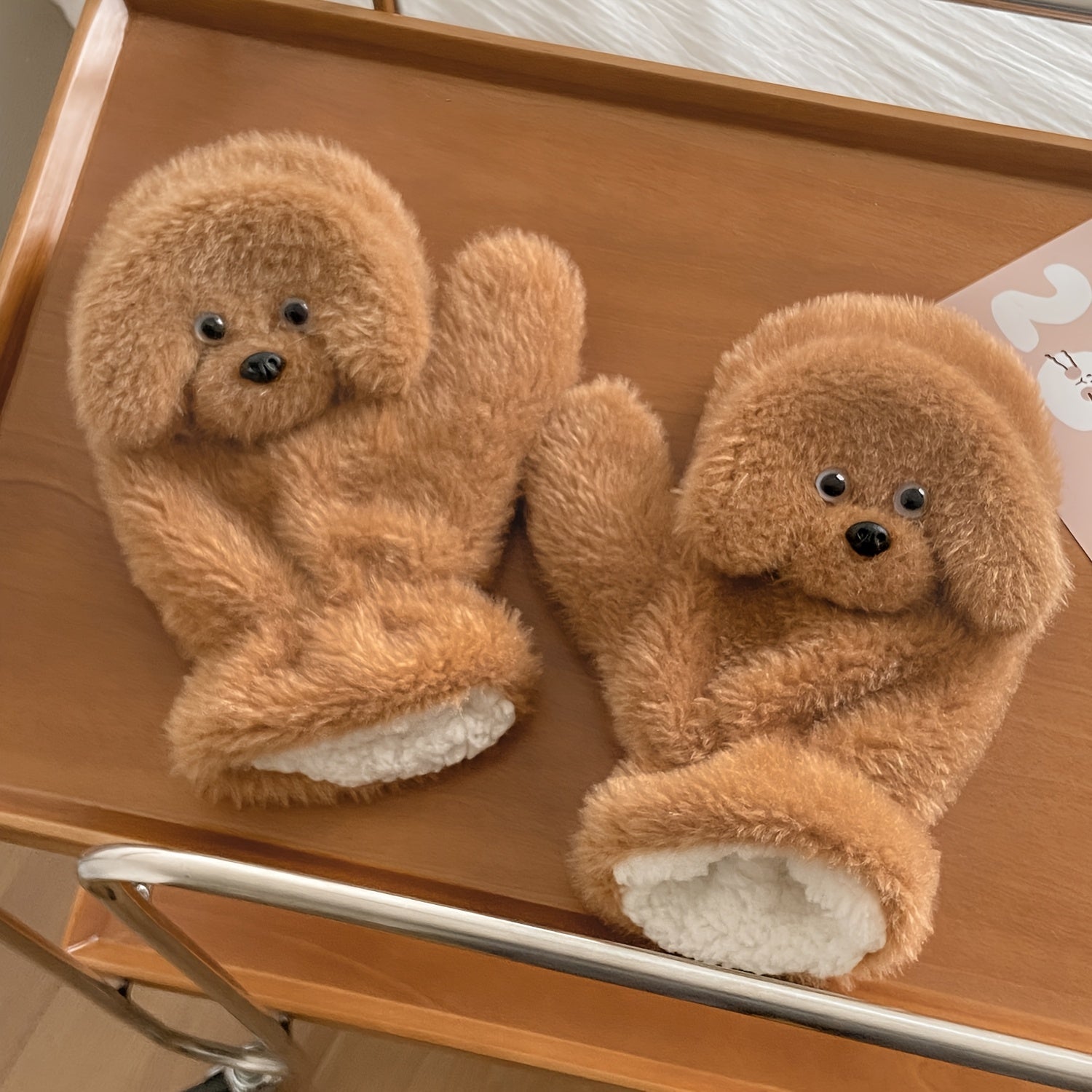 Teddy Dog Plush Mittens, Cute Animal Pattern Polyester Gloves, Inelastic, Decorative & Windproof, with Hand Wash/Dry Clean, for Casual Weekend Wear, Warmth & Style, Unique Valentine'S Gift