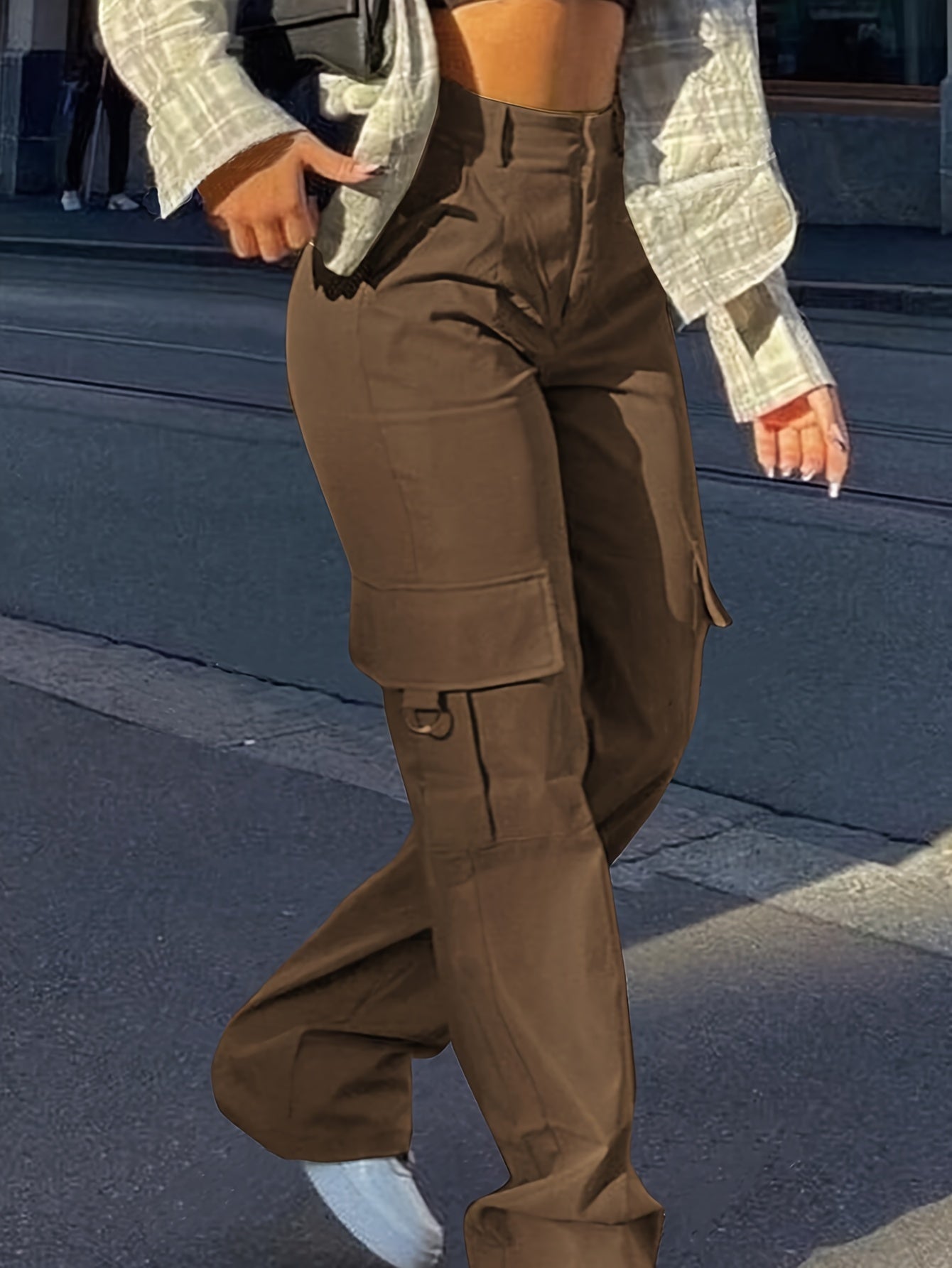 Elegant Brown Cargo Pants for Women - 100% Polyester, Straight-Leg with Flap Pockets, High-Waisted, Machine Washable - Perfect for Spring/Fall
