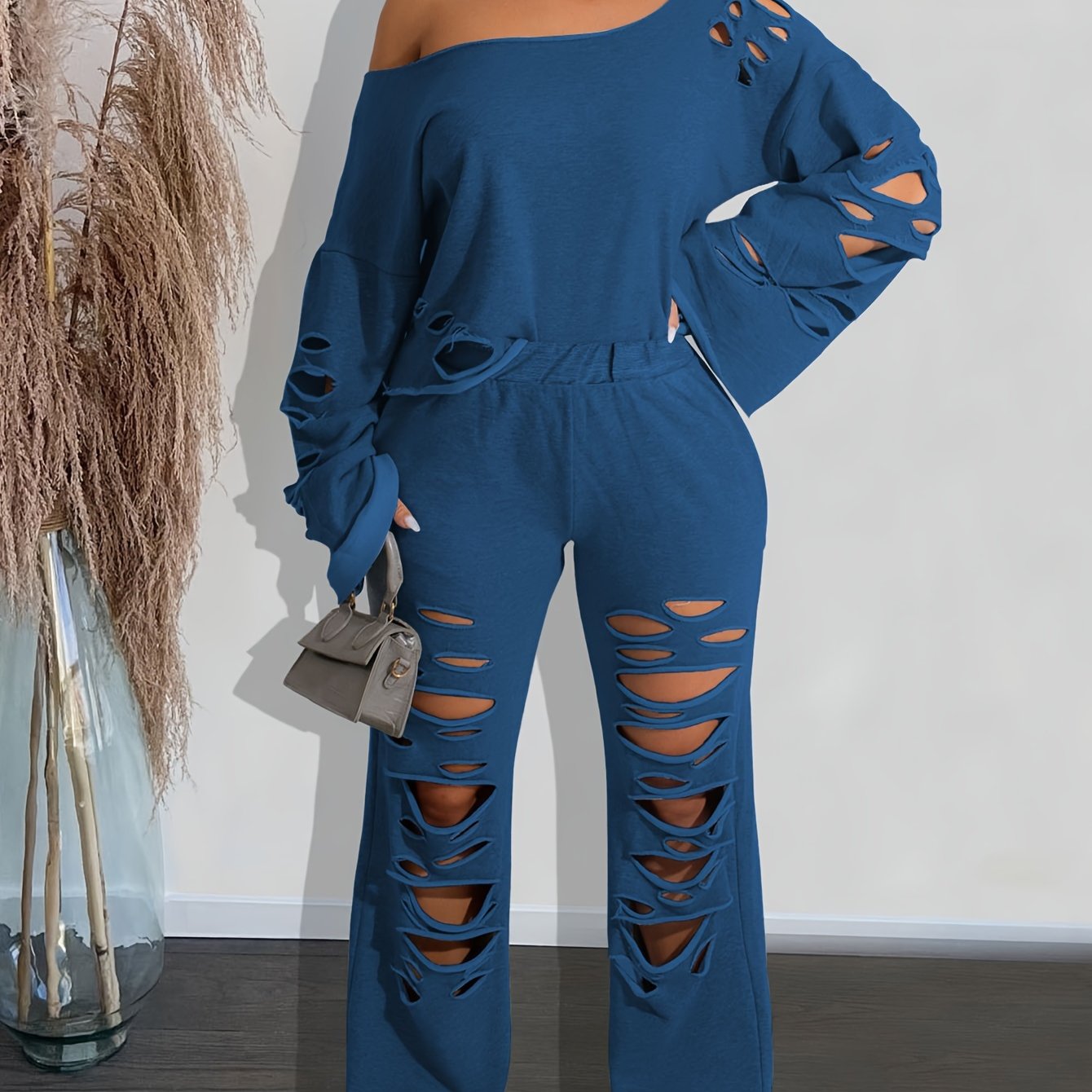 Casual Solid Cut Out Two-piece Set, Long Sleeve Asymmetric Top & Long Pants Outfits, Women's Clothing