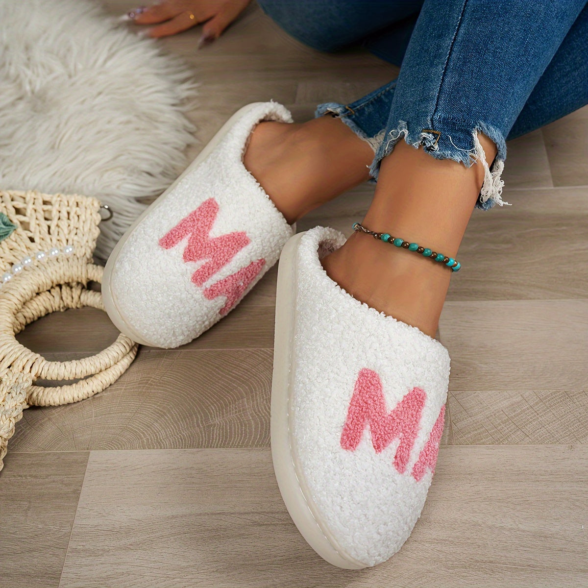 Women's Casual "MAMA" Fluffy Slippers - Comfy Faux Fur-Lined Indoor House Slip-on Shoes with Non-Slip TPR Sole, Flannel Insole, Seasonal Warmth, Easy Care, Cixi Origin - Cozy Winter Footwear Gift for Mom