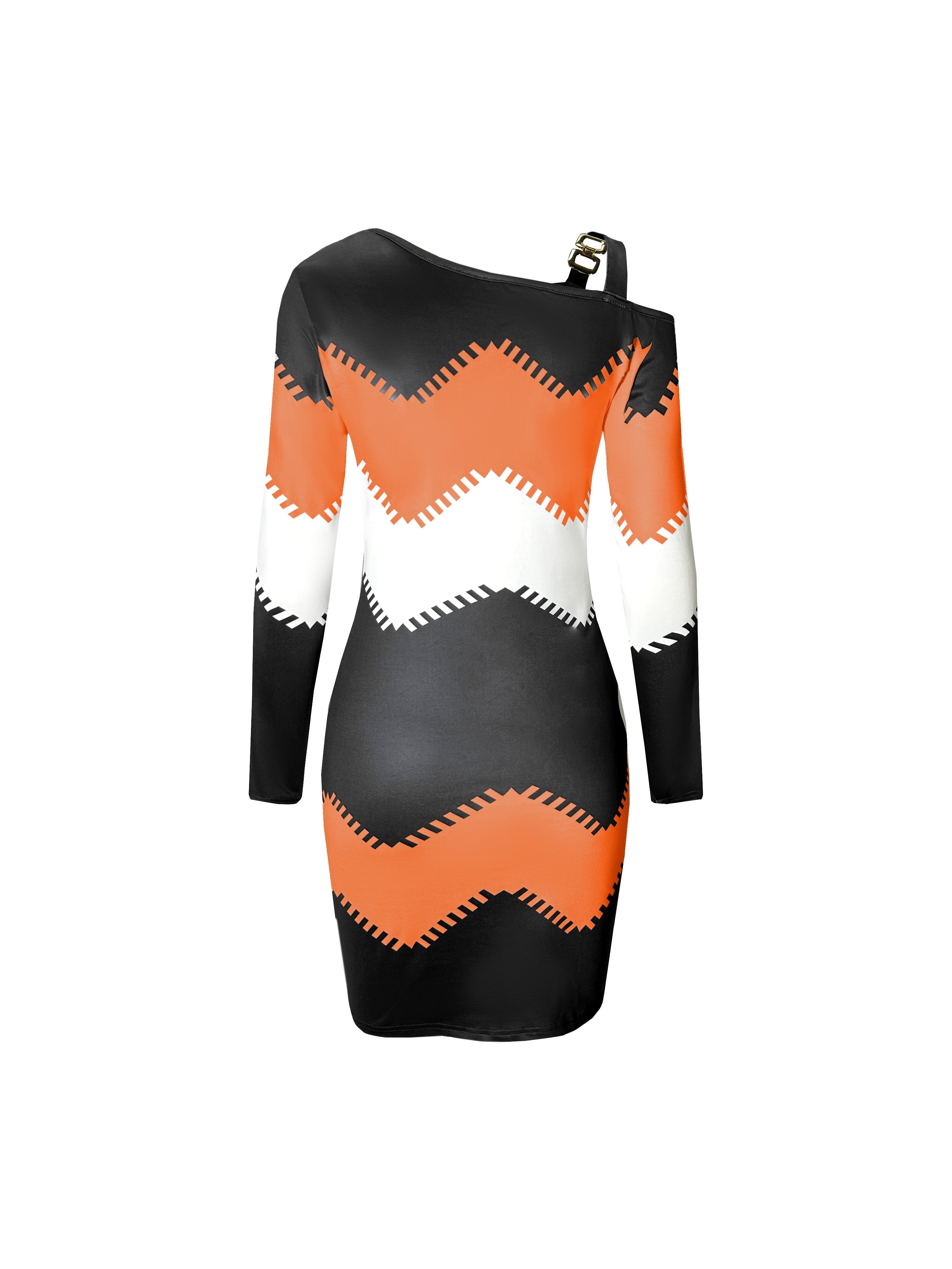 Print Off-Shoulder Color Block Dress for Women - Chic Long Sleeve, Zigzag Pattern, Stretchy Polyester Blend with Chain Detail, Machine Washable - Perfect for Spring & Fall