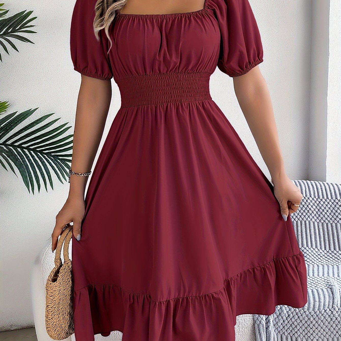1pc Women'S Elegant Square Neck Short Sleeve A-Line Dress with Ruffle Detail, Polyester Woven Fabric, Solid Color, Spring/Summer/Autumn Collection