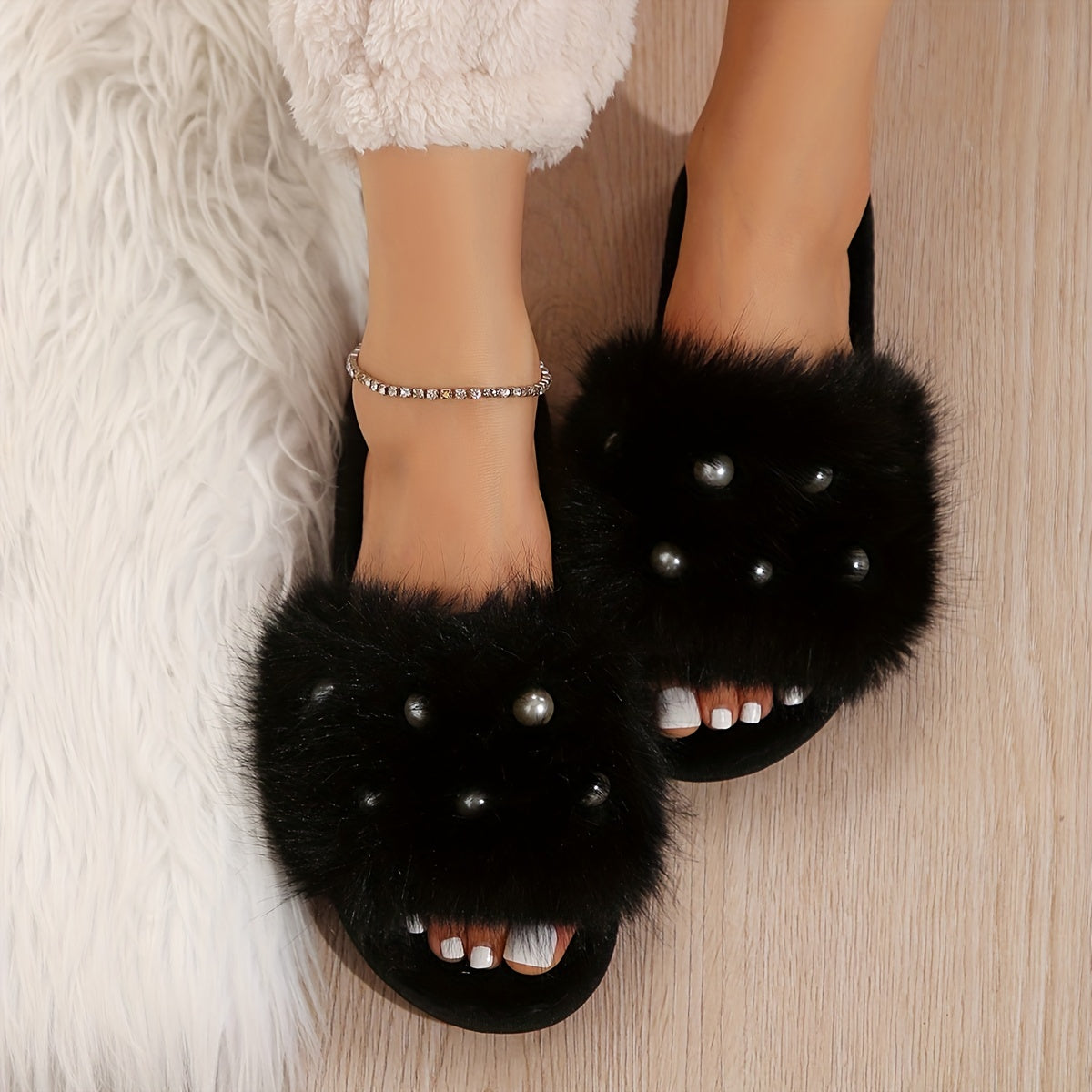 Fuzzy Faux Pearl Home Slippers, Soft Sole Plush Lined Indoor Shoes, Non-slip Floor Mute Slippers, Winter & Autumn
