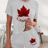 Women'S Casual Polyester Two-Piece Set with Canadian Maple Leaf Print, Crew Neck Short Sleeve Tee and Shorts, Knit Fabric, All-Season Wear