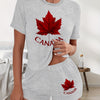 Women'S Casual Polyester Two-Piece Set with Canadian Maple Leaf Print, Crew Neck Short Sleeve Tee and Shorts, Knit Fabric, All-Season Wear