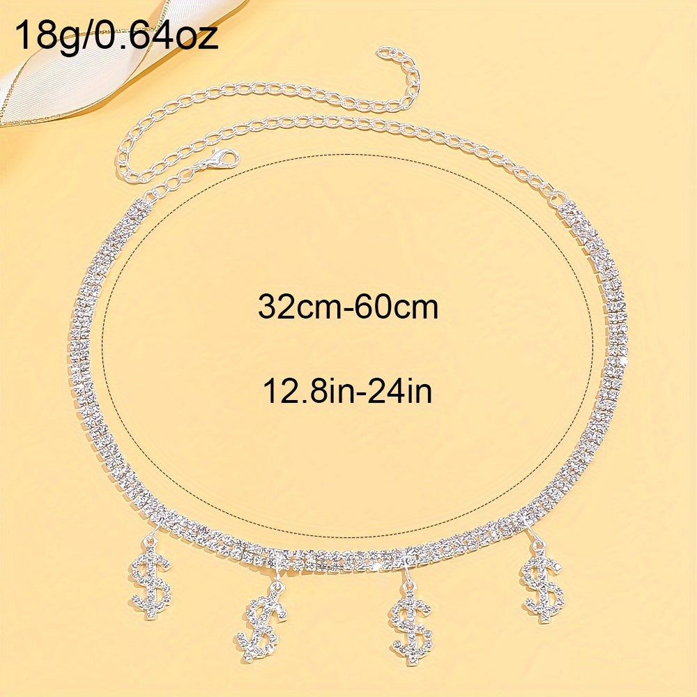 Glamorous Shiny US Dollar Symbol Necklace, Full Of Rhinestones Hip-hop Necklace Collarbone Chain