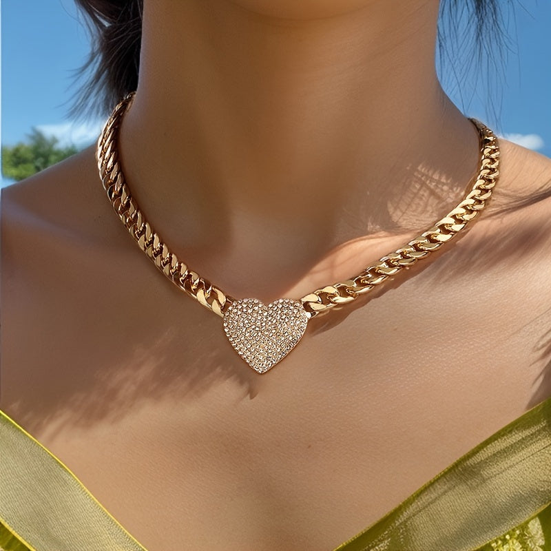 Punk Hip-Hop Heart Pendant Necklace for Women, Mosaic Rhinestones, Alloy, Luxury Style, Daily and Wedding Occasions, All Sizes Fit