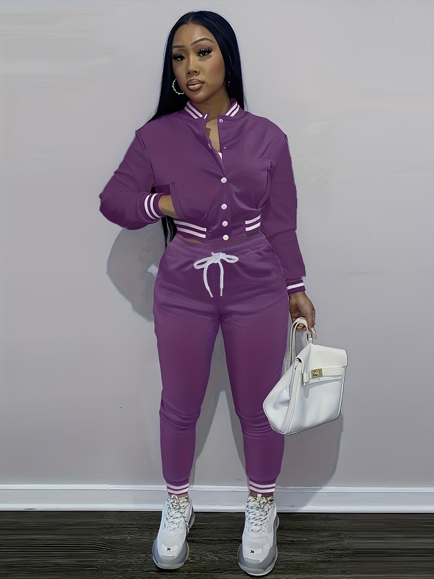 Casual Two-piece Set, Button Front Bomber Jacket & Drawstring Pants Outfits, Women's Clothing