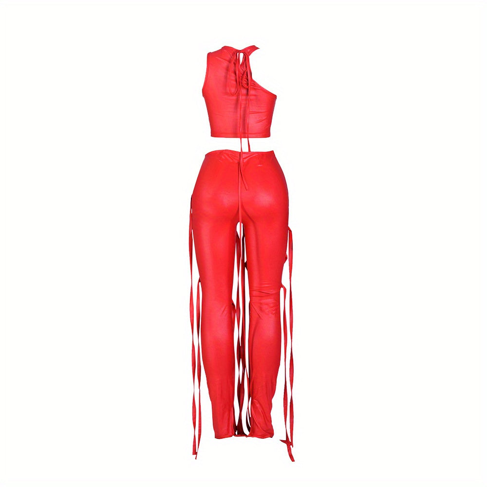 Chic Solid Two-piece Outfit Set - Trendy Asymmetrical Sleeveless Top & Slim-Fit Pants - Flattering Womens Wardrobe Essential