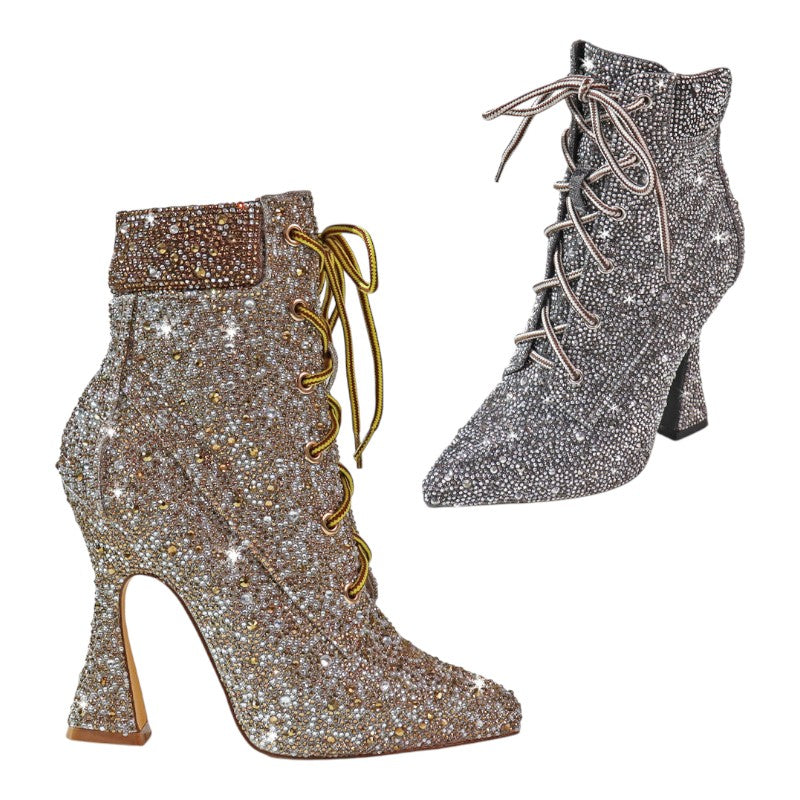 Women's Rhinestone Block Chunky Heel Lace up Ankle Bootie