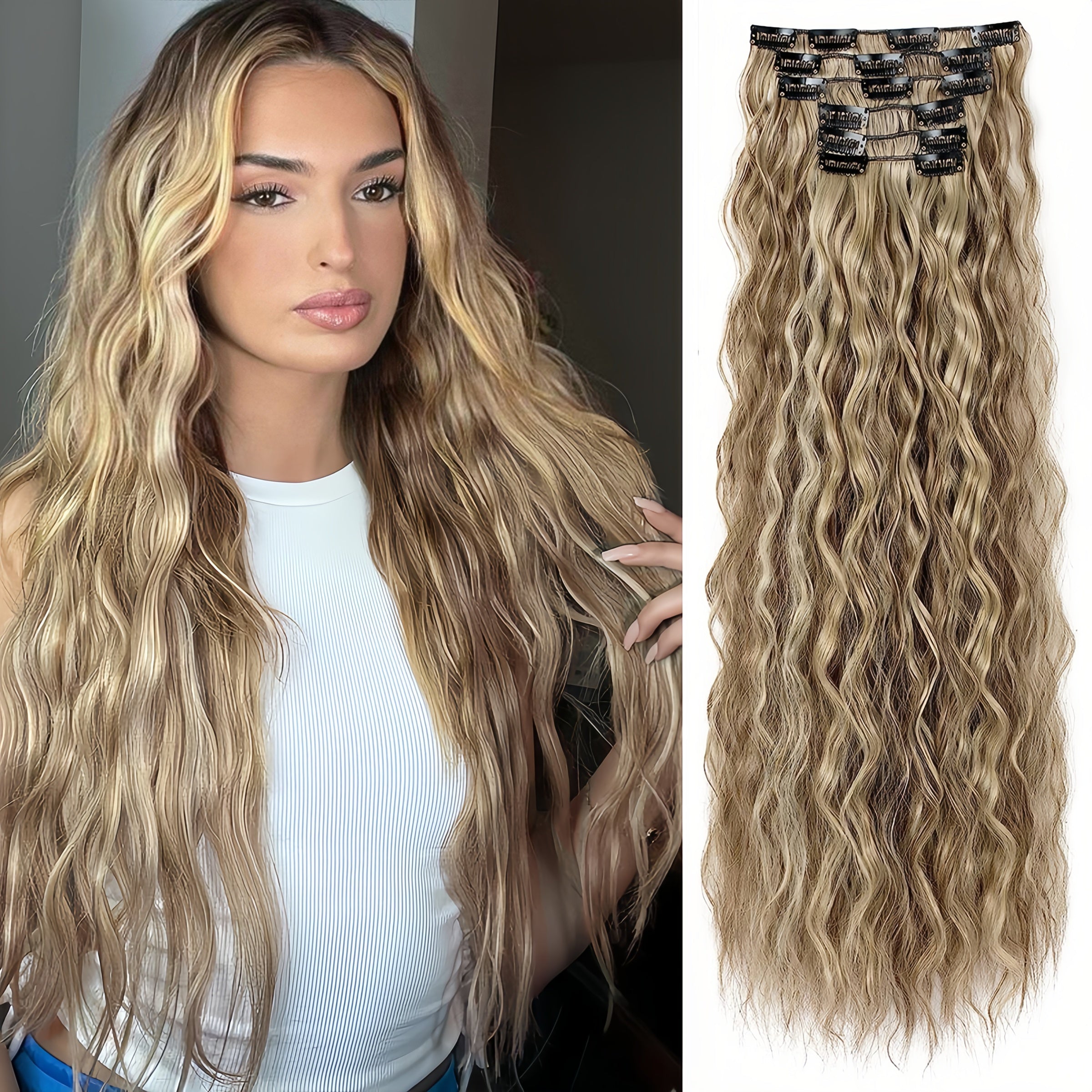 16 Thick Black Hair Clips for Synthetic Curls, Completely Soft And Invisible Fiber Hair Extensions, 24 Inches Long.