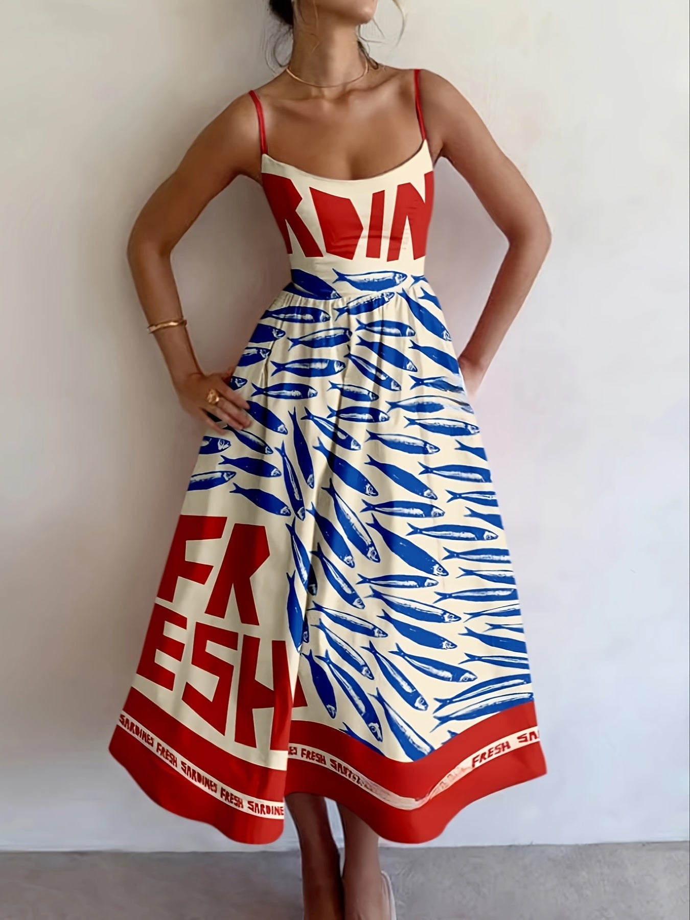 Elegant Summer Women'S Red Letter Print Contrast Color Cami Maxi Dress with Petticoat and Side Slit - Sleeveless, Alphabet Pattern, Perfect for Casual Attire, Summer Dress