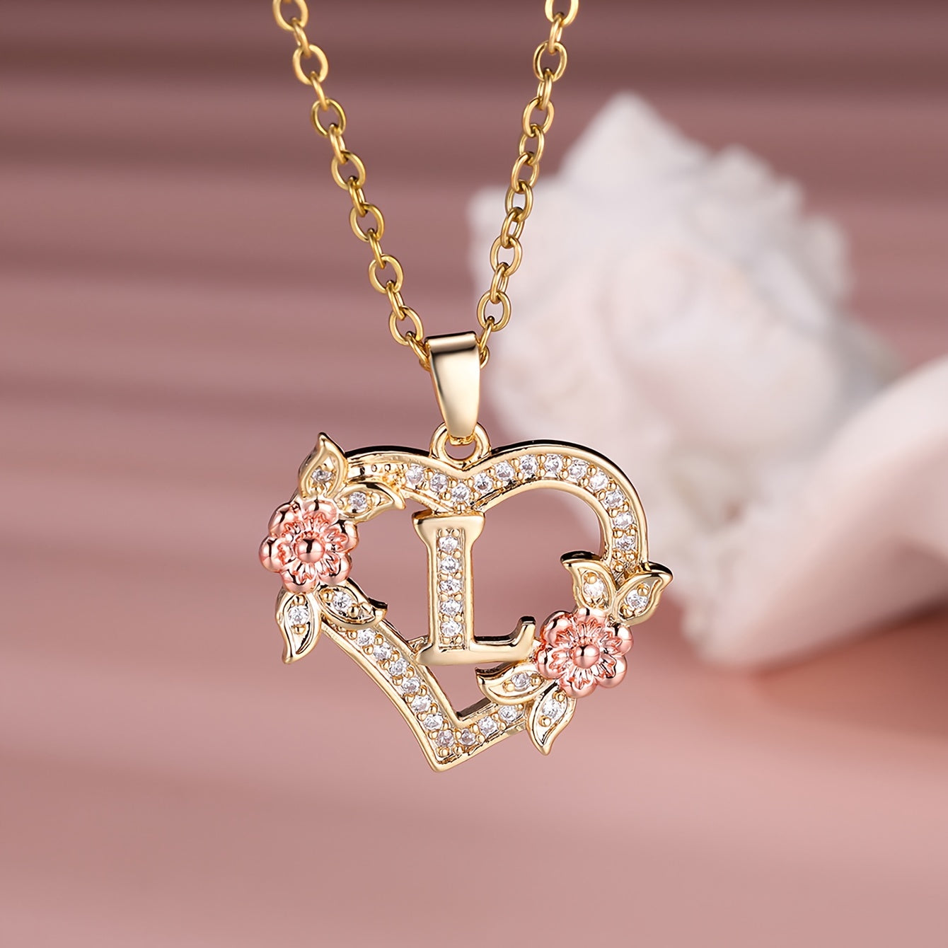 1pc A-Z Letter Love Heart Necklace Elegant zirconia Rose Golden Necklace Valentine'S Day Gift Trendy Jewelry For Women