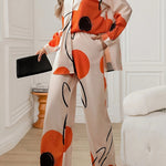 Women'S Floral Print Long Sleeve Shirt & Double Side Pocket Wide Leg Pants Set - Casual Elegant Style, Polyester, Spring/Summer Collection
