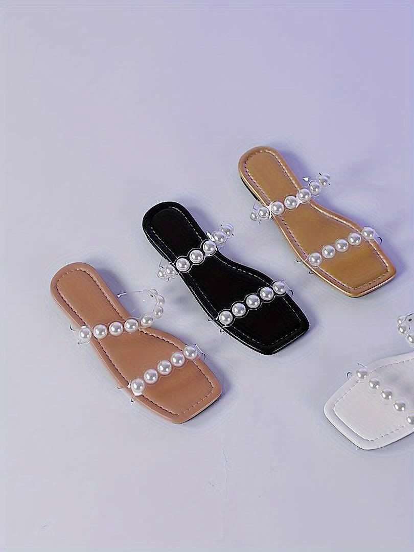Women's Solid Color Elegant Slides, PVC Slip On Lightweight Flat Faux Pearl Decor Slides, Summer Holiday Beach Slides