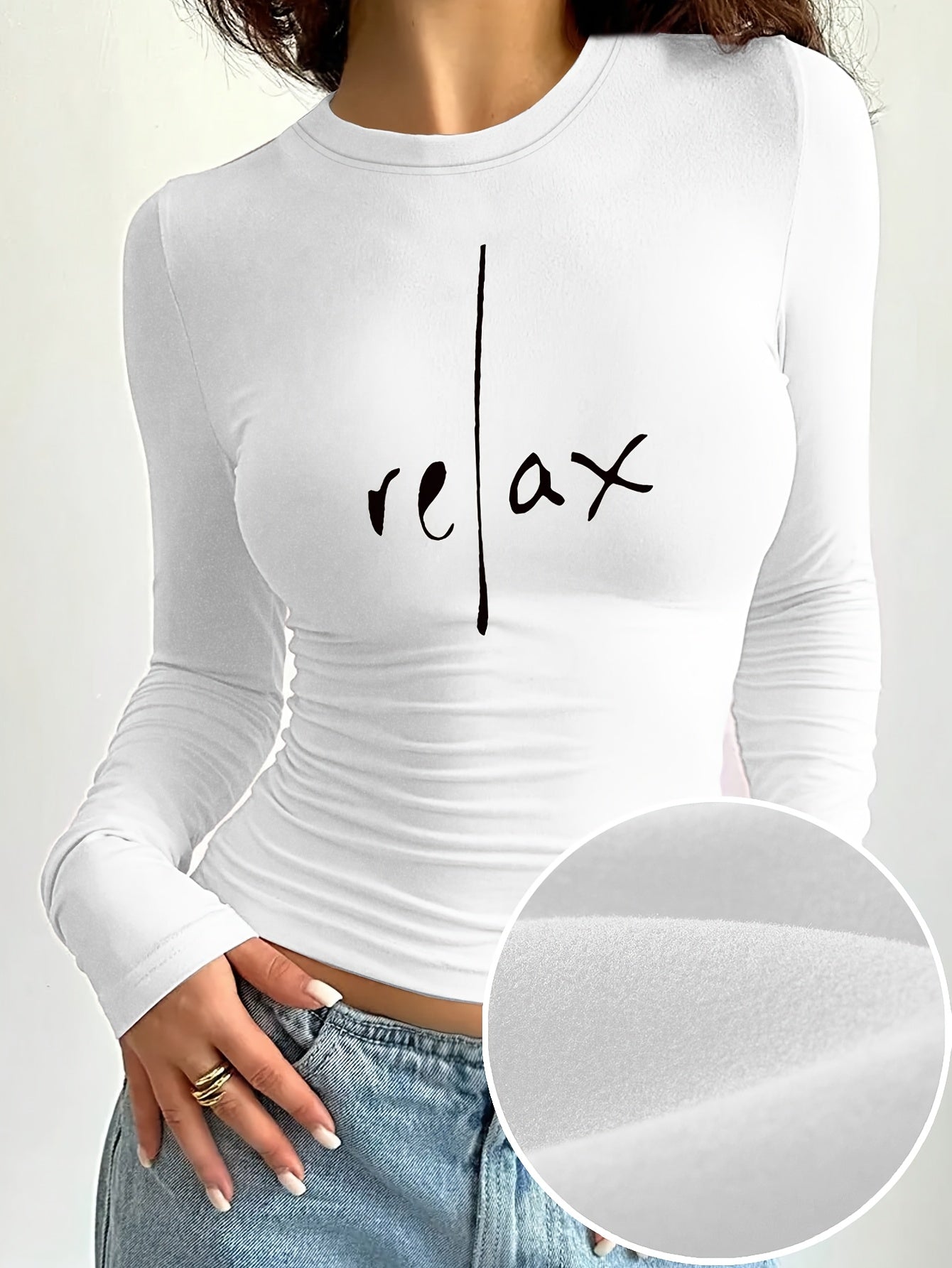 Women'S Elegant Long Sleeve Crew Neck T-Shirt with "Relax" Letter Print, Knit Polyester Blend, Skinny Fit, Short Length, Medium Stretch, Fall/Winter Casual Layer Top