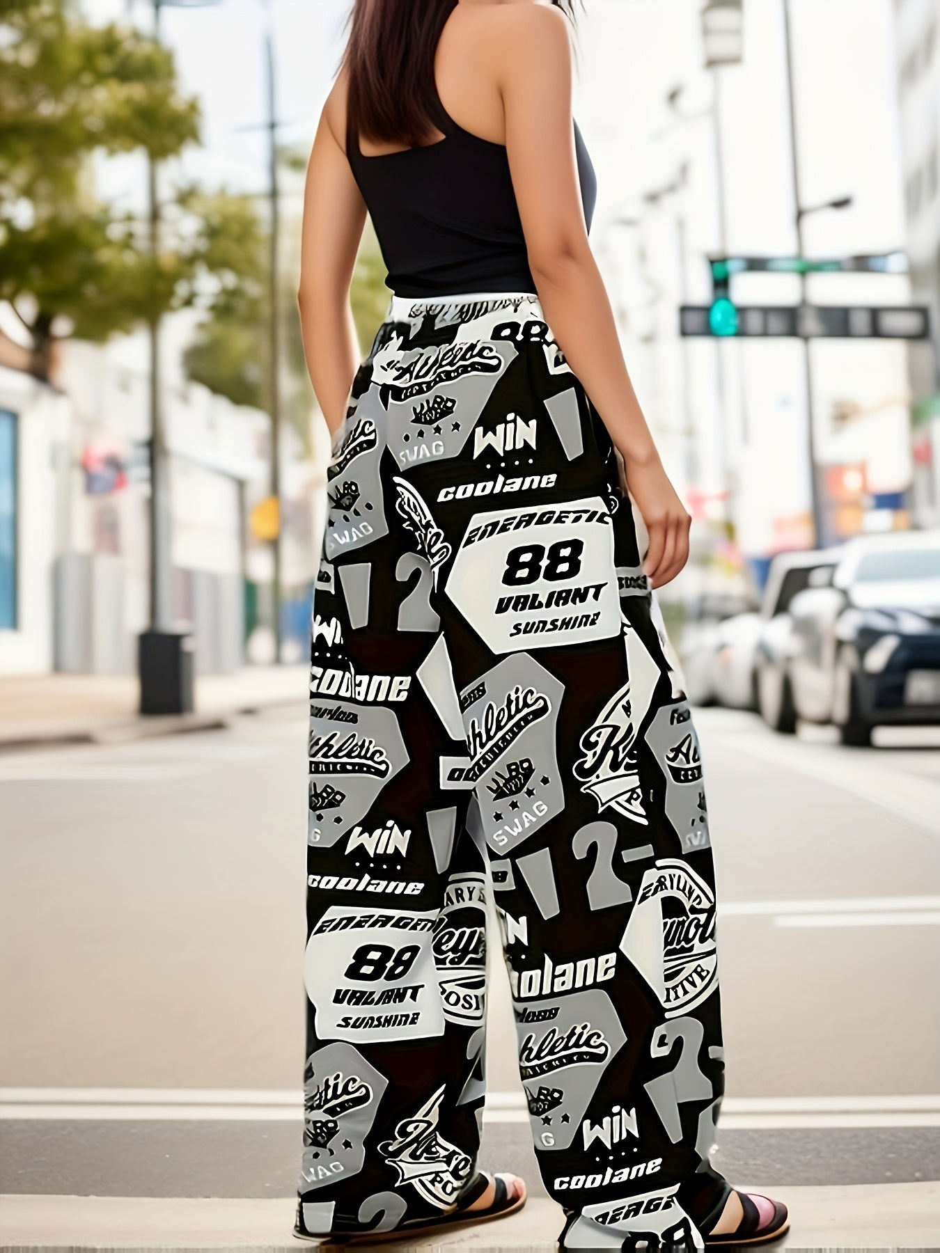 Women'S Casual Wide Leg Pants with Drawstring and Pockets, Alphabet Print, Polyester 95% Spandex 5% Woven Fabric, 180g/m², for Spring/Summer/Fall