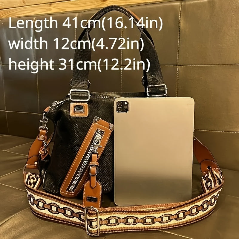 Elegant Retro Faux Leather Handbag for Women - Large Capacity Crossbody Bag with Adjustable Strap, Zip Closure, and Stylish Contrast Detailing in Black & White