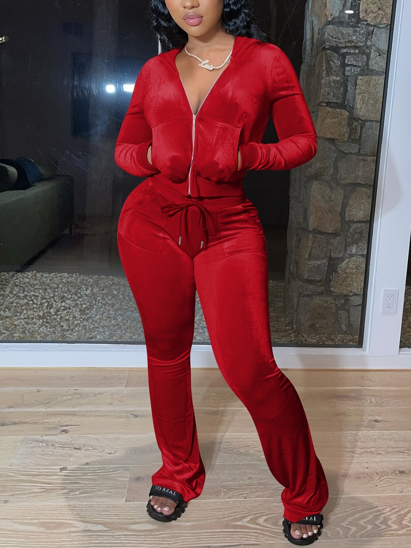 European And American Women's Fashion Casual Solid Color Velvet Hooded Two-piece Set