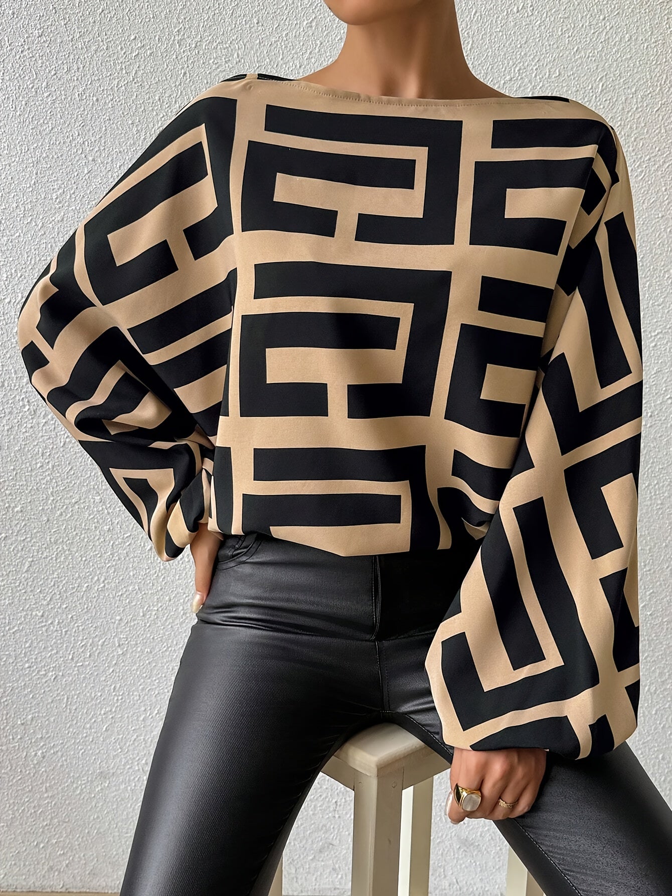 Greek Print One-shoulder Blouse, Elegant Long Lantern Sleeve Blouse For Spring & Fall, Women's Clothing