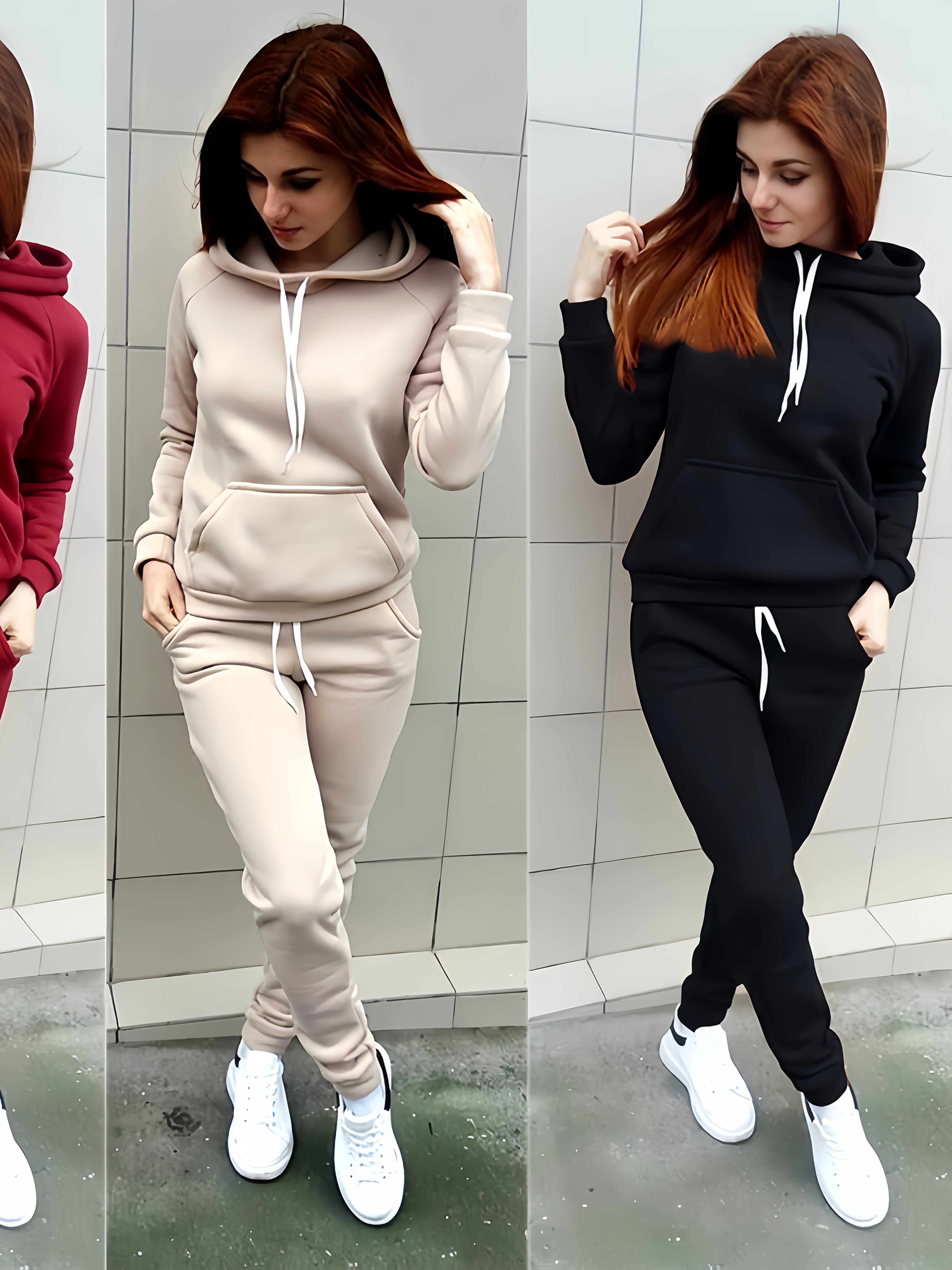 Ladies Fashion Casual 2pcs Red Hoodie, Slim-fit Hoodie, Long Sleeves, With Front Pocket And Adjustable Drawstring Pants, Solid Color Casual Spring/Fall Dress, Los Angeles Style, Gift For Girlfriend