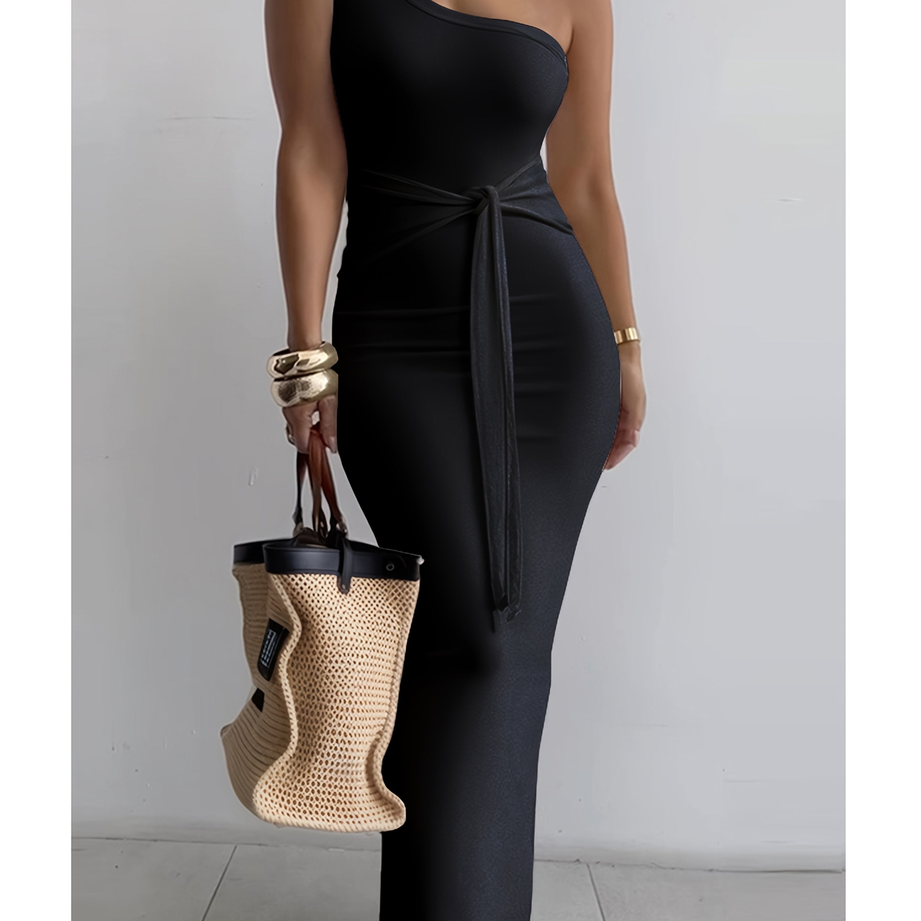 Women's Summer One-Shoulder Waist Tie Slim-Fit Pencil Dress - Sleeveless Elegant Solid Blue Long Dress for Casual & Formal Occasions