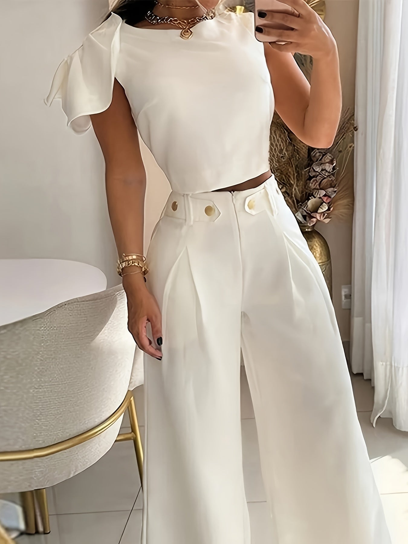 Women's Elegant Bow Decorated Sleeveless Top and Wide Leg Pants Two Piece Set