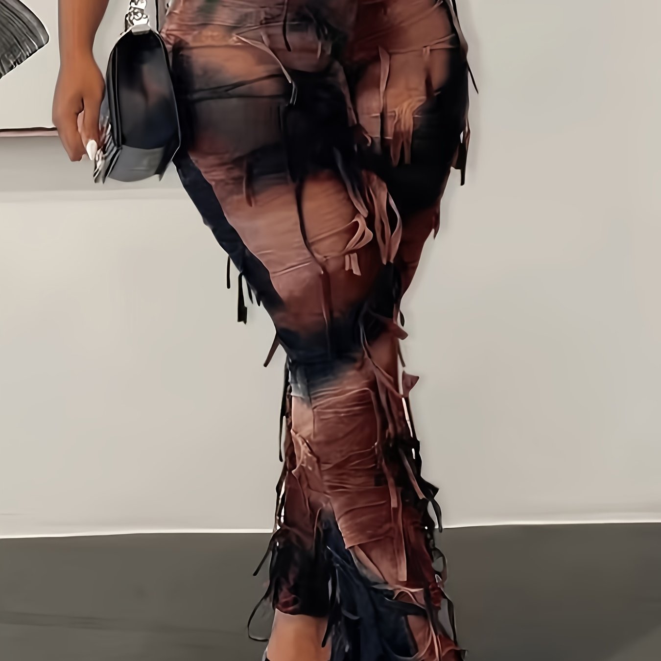 Sexy Tie-Dye Tassel Flare Leg Pants for Women, High Waist Slim Fit Knit Polyamide Spandex Blend, Elastic Waist All-Season Long Pants with Belt Loop, 250g/m² Fabric Weight