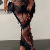 Sexy Tie-Dye Tassel Flare Leg Pants for Women, High Waist Slim Fit Knit Polyamide Spandex Blend, Elastic Waist All-Season Long Pants with Belt Loop, 250g/m² Fabric Weight