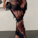 Sexy Tie-Dye Tassel Flare Leg Pants for Women, High Waist Slim Fit Knit Polyamide Spandex Blend, Elastic Waist All-Season Long Pants with Belt Loop, 250g/m² Fabric Weight