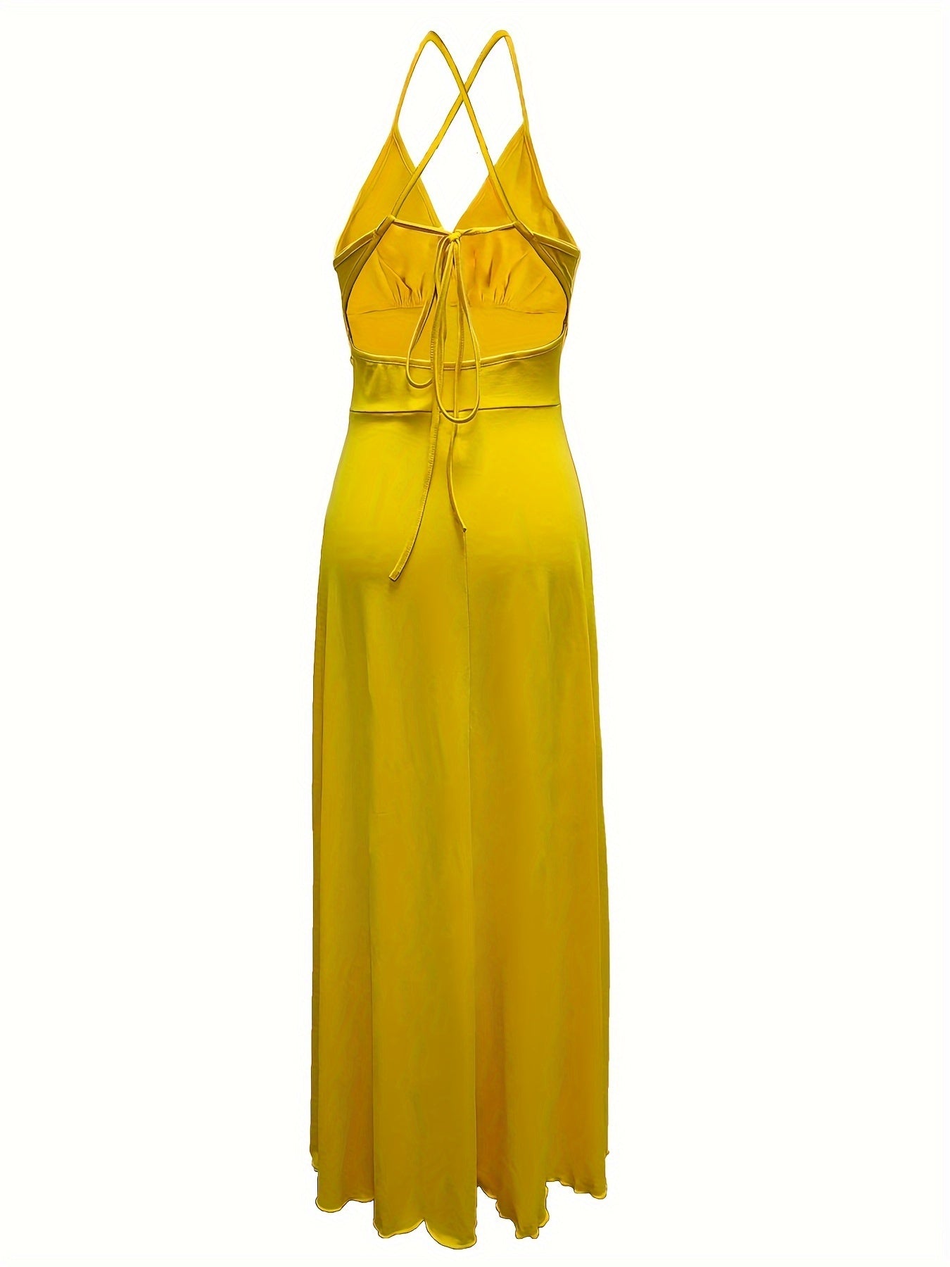 A Solid Color Thigh-High Slit Backless Dress with Straps, Featuring an Elegant Sleeveless V-Neck Design at The Waist, Perfect for Party Outfits for Women.