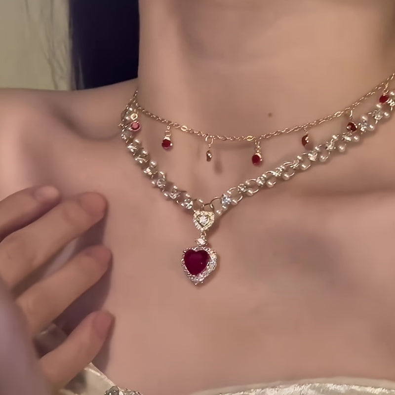 Elegant double red Zircon Love Pendant Necklace - Ladies Luxury alloy collar chain