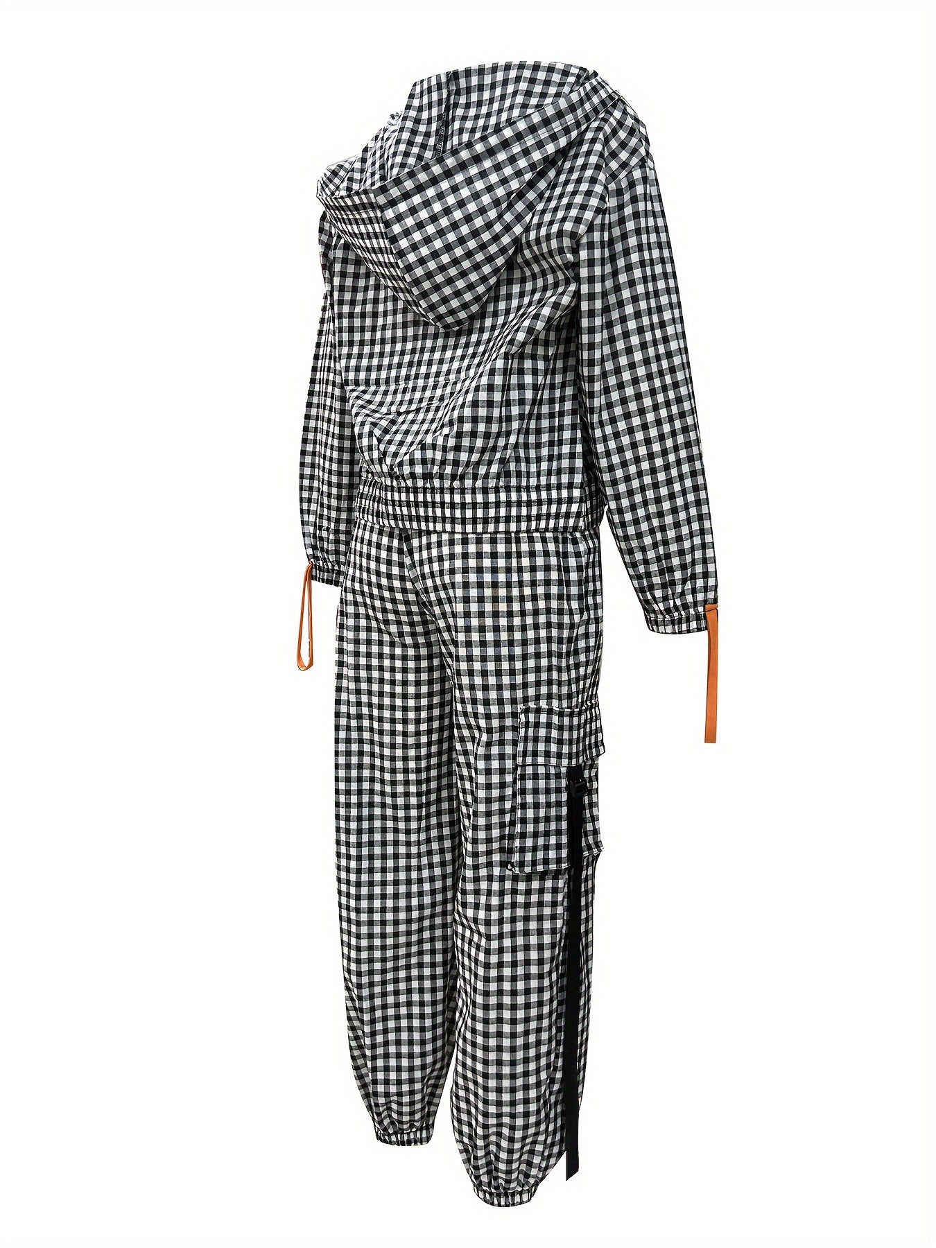 Women'S Casual Gingham Pantsuit with Lapel Collar and Zipper Details, 100% Polyester Woven Fabric, for Fall/Winter