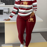 Women's Striped Crown Print Casual Tracksuit Set - Polyester & Elastane Knit Crew Neck Long Sleeve Top with Pants, No Belt - Fall/Winter Cozy Loungewear Suit (1 Top + 1 Pants)
