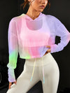 Women's Breathable Mesh Hoodie - Casual Fashion Gradient Color, Loose-Fit Long Sleeve T-Shirt with Drawstring Hood, Colorful, Sports