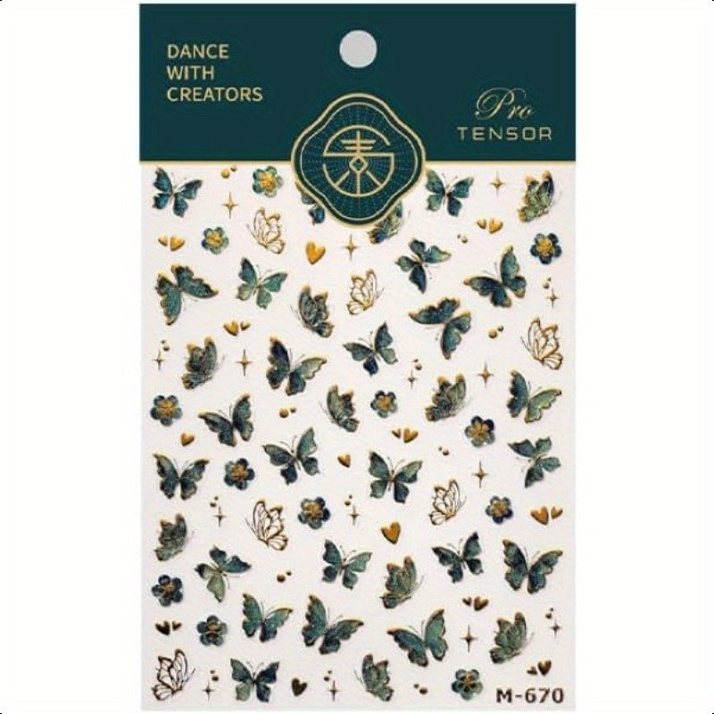 1 Sheet 5D Embossed Green & Golden Butterfly Nail Art Stickers - Self-Adhesive Floral Nail Decals with Glitter Accents, Spring Summer DIY Manicure Supplies for Women Girls, Beauty Enhancements | Spring Summer Theme | Intricat