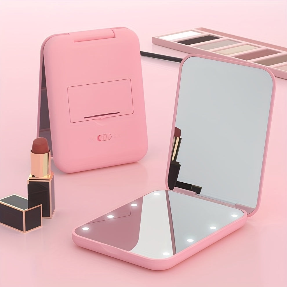 [LED Travel Makeup Mirror] Compact, Double-Sided, 1X/3x Magnified LED Mini Travel Makeup Mirror - Portable, Folding, Hand-Held, Small Lighting, Unscented, Plastic Surface, Non-Rechargeable Button Battery (Diameter≥20mm) Pow