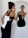 Women's Elegant Off-Shoulder Back Bow Mermaid Dress - Sexy Party & Formal Evening Gown with Bodycon Fit, Machine Washable Black Dress for Halloween, Galas & Special Occasions, Galaxy Event Attire | Sleek Silhouette