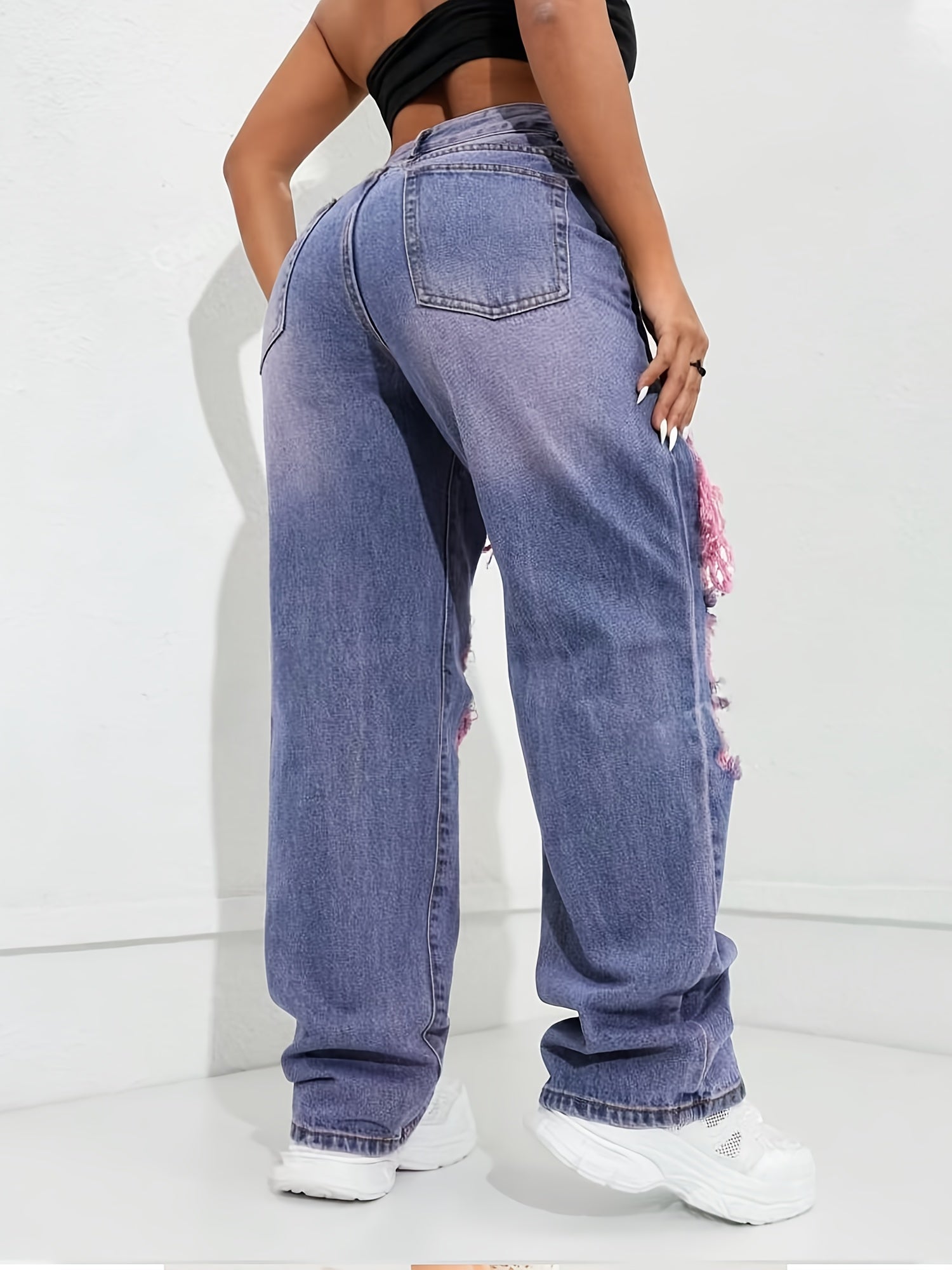 Women's Ripped Jeans - Wide Leg Casual Flared Pants, Butterfly Design, Stretch Fabric, Comfortable Fit, Suitable for All Seasons