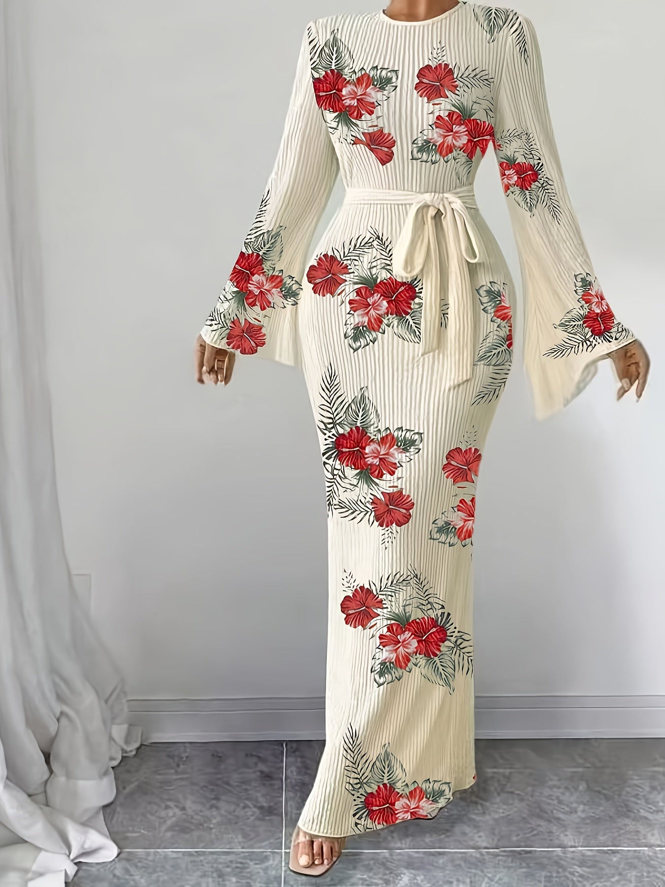 Elegant Women's Floral Maxi Dress with Pleated Fabric - Flared Long Sleeves, Round Neck, Belted Waist, Ribbed Detail - Polyester, Non-Sheer - Perfect for Fall/Winter, Stylish Layering Piece|Pleated Fabric Gown|Polyester Dress