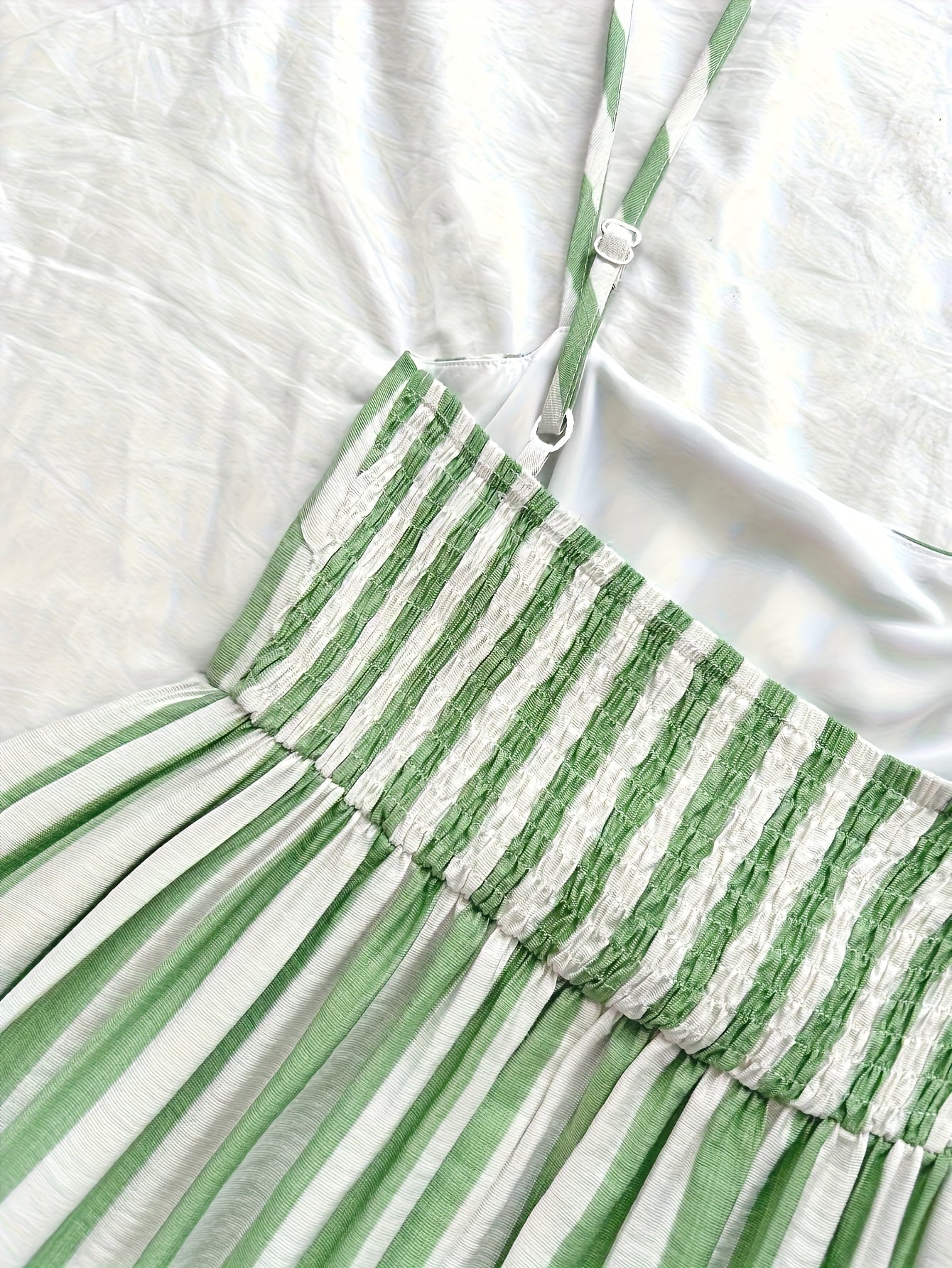 Elegant Green & White Striped Midi Dress with Adjustable Spaghetti Straps and Ruffled Hem - Machine Washable, Perfect for Spring/Summer/Fall