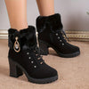 Women's Rhinestone Decor Block Heeled Boots, Fashion Lace Up Side Zipper Boots, Comfortable Winter Boots