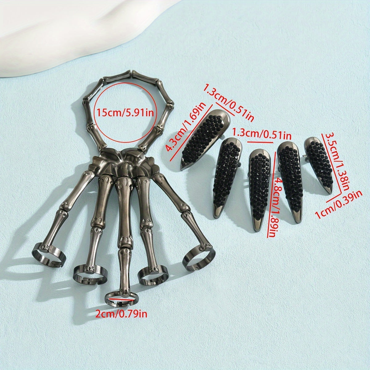 Vintage Punk Skeleton Hand Ring Set with Rhinestone-Studded Talon Nail Covers, Zinc Alloy Plated, Adjustable Halloween Jewelry, Gift & Party Accessory, Fits All Seasons