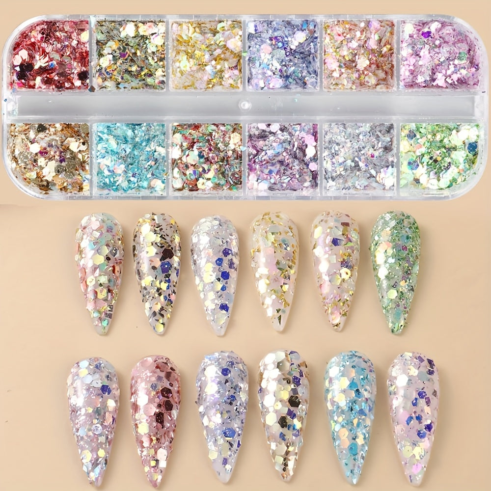 1 Box Holographic Hexagon Iridescent Nail Glitter Sequins - Mermaid Flakes Powder for Y2K Wedding Nail Art, Shiny Sparkly Sheets for Creative Manicures, Multi-Dimensional Colors (Pink, Blue, Green, Golden, Purple), Party Nail