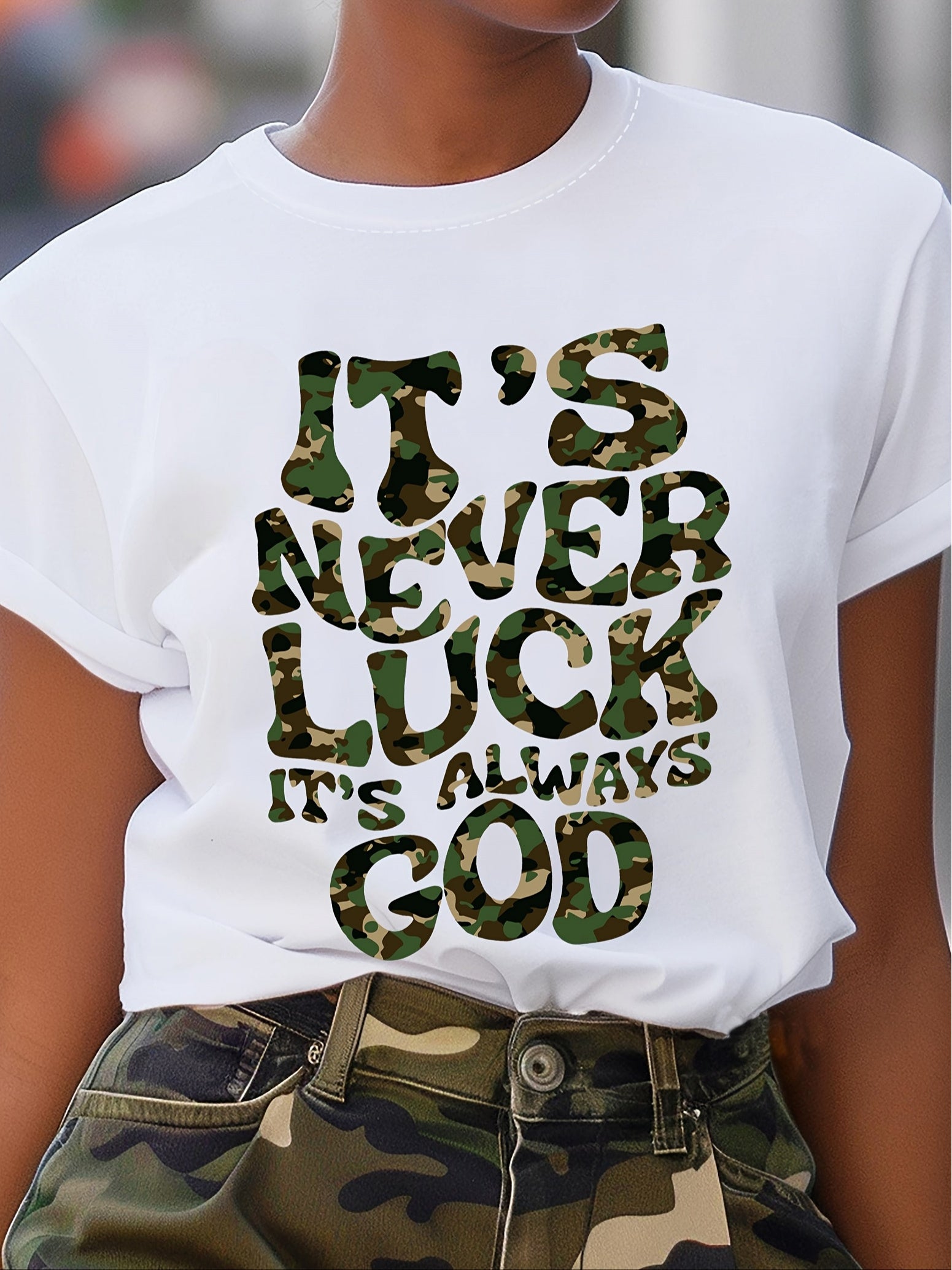 Everyday Comfort, Women's Inspirational Camouflage T-Shirt- "It's Never Luck, It's Always God" Print, Casual Crew Neck, Polyester, Machine Washable, All-Season Wear