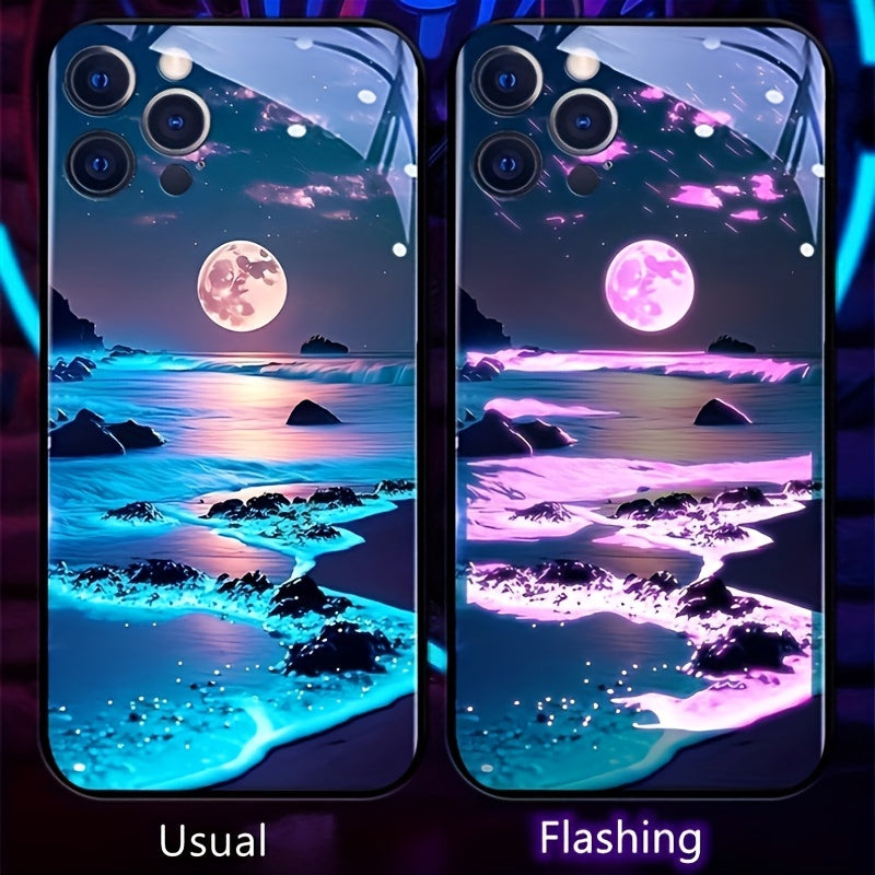 Glowing Meteor Sunset Beach Smart Voice-Controlled Luminous Phone Case Compatible with Samsung S24 Ultra/S23 Ultra/S23 FE/S21 FE/S22 Ultra/S21 Ultra/Iphone 15 14 Plus 13 12 11 Pro Max, Featuring Night Glow Technology And an E