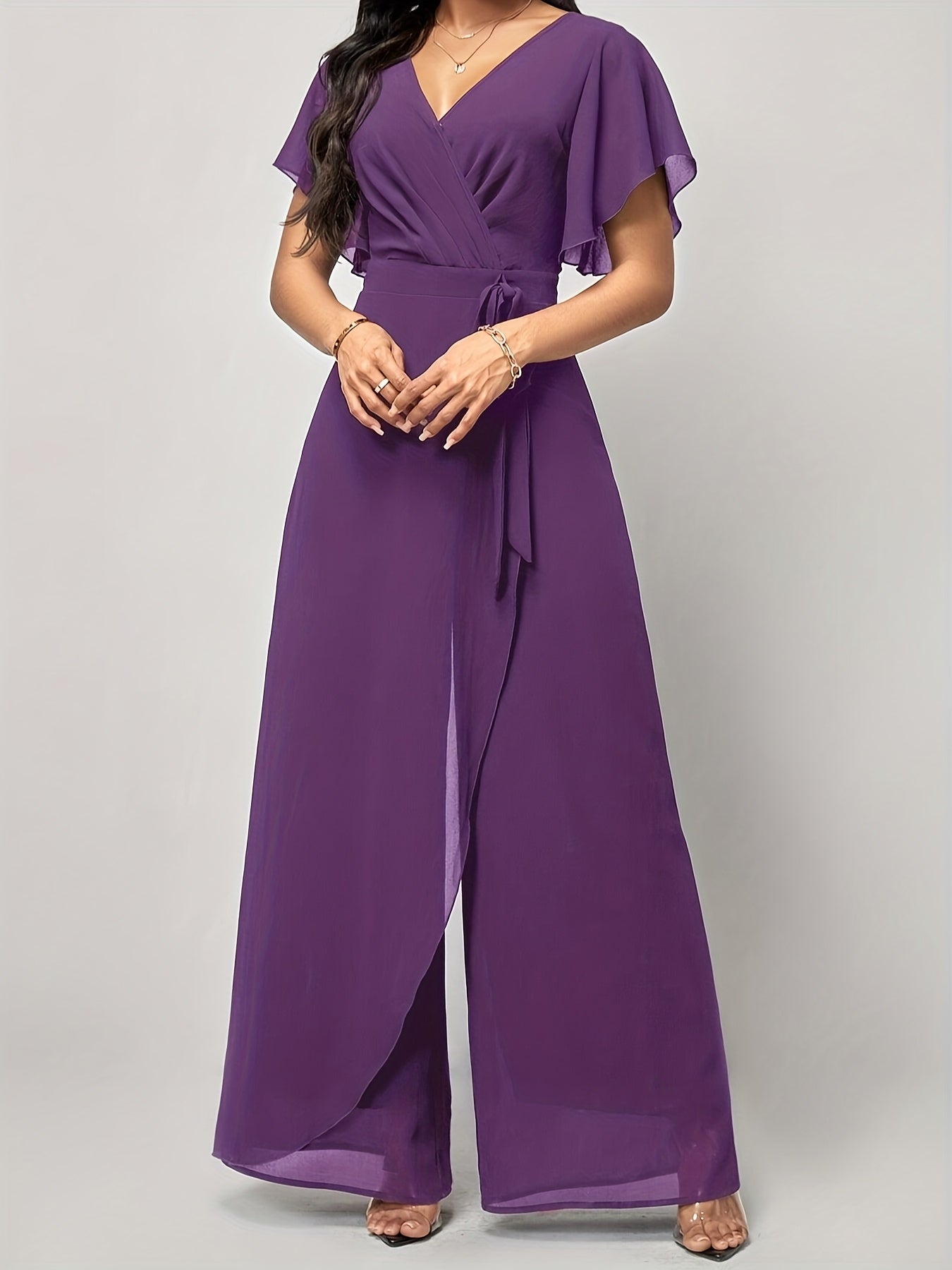 Elegant Green V-Neck Jumpsuit for Women - Solid Color, Wide Leg with Ruffle Sleeves & Tie Waist, Lightweight Polyester, Machine Washable - Perfect for Spring & Summer